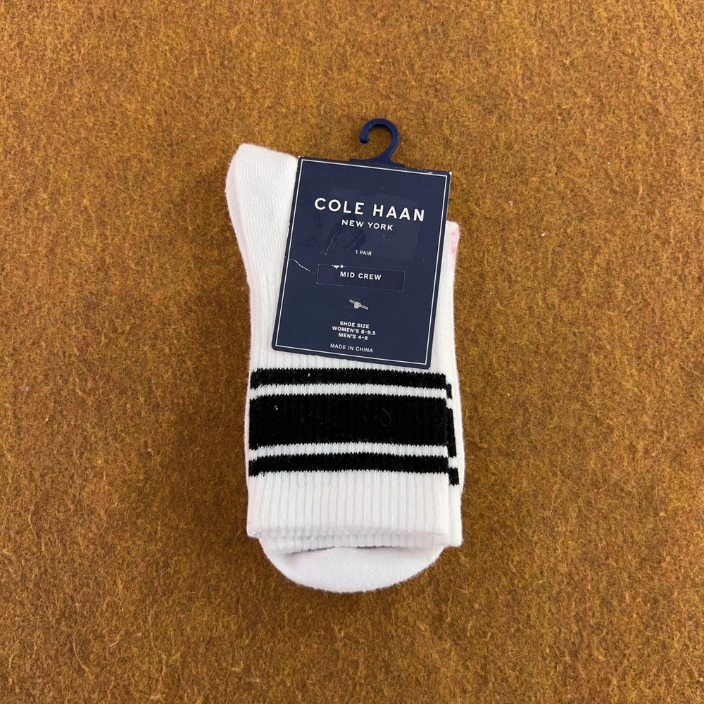 Cole Haan Unisex S/M White Black Striped Mid Crew Socks NWT